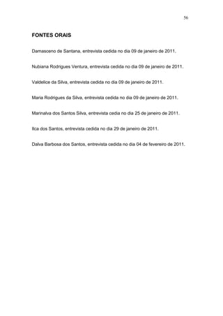 56


FONTES ORAIS

Damasceno de Santana, entrevista cedida no dia 09 de janeiro de 2011.


Nubiana Rodrigues Ventura, entrevista cedida no dia 09 de janeiro de 2011.


Valdelice da Silva, entrevista cedida no dia 09 de janeiro de 2011.


Maria Rodrigues da Silva, entrevista cedida no dia 09 de janeiro de 2011.


Marinalva dos Santos Silva, entrevista cedia no dia 25 de janeiro de 2011.


Ilca dos Santos, entrevista cedida no dia 29 de janeiro de 2011.


Dalva Barbosa dos Santos, entrevista cedida no dia 04 de fevereiro de 2011.
 