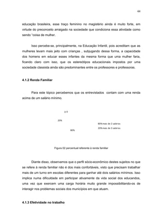 44



educação brasileira, esse traço feminino no magistério ainda é muito forte, em
virtude do preconceito arraigado na sociedade que condiciona essa atividade como
sendo “coisa de mulher.


      Isso percebe-se, principalmente, na Educação Infantil, pois acreditam que as
mulheres levam mais jeito com crianças , subjugando dessa forma, a capacidade
dos homens em educar esses infantes da mesma forma que uma mulher faria,
ficando claro com isso, que os estereótipos educacionais impostos por uma
sociedade classista ainda são predominantes entre os professores e professoras.



4.1.2 Renda Familiar



      Para este tópico percebemos que os entrevistados contam com uma renda
acima de um salário mínimo.



                                00


                          20%
                                                             80% mais de 2 salários
                                                             20% mais de 3 salários
                                     80%




                       Figura 02 percentual referente à renda familiar




      Diante disso, observamos que o perfil sócio-econômico destes sujeitos no que
se refere à renda familiar não é dos mais confortáveis, visto que precisam trabalhar
mais de um turno em escolas diferentes para ganhar até dois salários mínimos. Isso
implica numa dificuldade em participar ativamente da vida social dos educandos,
uma vez que exercem uma carga horária muito grande impossibilitando-os de
interagir nos problemas sociais dos municípios em que atuam.



4.1.3 Efetividade no trabalho
 