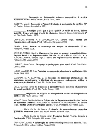 61




____________. Pedagogia da Autonomia: saberes necessários à prática
educativa. 37ª Ed. Rio de Janeiro, Paz e Terra, 2008

GADOTTI, Moacir. Educação e Poder: Introdução à pedagogia do conflito. 10ª
ed. Cortez: Autores Associados, 1991.

___________. Educação para quê e para quem? (A favor de quem, contra
quem?) – Ou por um novo projeto de educação. Caderno Cedes. Licenciatura. 2ª
ed. São Paulo, Cortez, 1987.

GUARECHI, Pedrinho A. e JOVCHELOVITCH, Sandra (orgs.) Textos Em
Representações Sociais. 6ª Ed. Petrópolis, RJ: Vozes, 2000.

GENTILI, Pablo. Educar na esperança em tempos de desencanto. 5ª ed.
Petrópolis, Vozes, 2005.

JOVCHELOVITCH, Sandra. Vivendo a vida com os outros: Intersubjetividade,
Espaço Público e Representações Sociais. In: GUARECHI, Pedrinho A. e
JOVCHELOVITCH, Sandra (orgs.) Textos Em Representações Sociais. 6ª Ed.
Petrópolis, RJ: Vozes, 2000.

LIBÂNEO, José Carlos. Pedagogia e pedagogos, para quê? 4ª ed. São Paulo,
Cortez, 2001.

LUDKE e ANDRÉ, M. E. A. Pesquisa em educação: abordagens qualitativas. São
Paulo, EPU, 1986.

MARCONI, M. A.; LAKATOS, E. M. Técnicas de pesquisa: planejamento de
pesquisas, amostragens e técnicas de pesquisas, elaboração, análise e
interpretação de dados. 3ª ed. São Paulo: Atlas, 1996.

MELO. Guiomar Namo de. Cidadania e competitividade: desafios educacionais
do terceiro milênio. 7ª ed. São Paulo, Cortez, 1998.

___________ Magistério de 1º grau: da competência técnica ao compromisso
político. São Paulo, Cortez, 1982.

MINAYO, Maria Cecília de Souza. O Conceito de Representações Sociais dentro
da Sociedade Classista. In: GUARECHI, Pedrinho A. e JOVCHELOVITCH, Sandra
(orgs.) Textos Em Representações Sociais. 6ª Ed. Petrópolis, RJ: Vozes, 2000.

________. Maria Cecília de Souza. O desafio do conhecimento: pesquisa
qualitativa em saúde. 3ª Ed. São Paulo: Hicitec/ Abrasco, 1994.

________. Maria Cecília de Souza. (org.) Pesquisa Social: Teoria, Método e
Craitividade. 6ª Ed. Petrópolis, RJ: Vozes, 1996.

MONTERO. Lourdes. A construção do conhecimento profissional docente. Trad.
Armando P. Silva. Lisboa: Instituto Piaget, 2005.
 