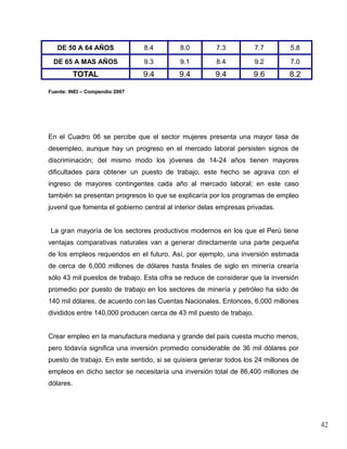 DE 50 A 64 AÑOS              8.4         8.0         7.3           7.7       5.8

 DE 65 A MAS AÑOS               9.3         9.1         8.4           9.2       7.0
           TOTAL                9.4         9.4         9.4           9.6       8.2

Fuente: INEI – Compendio 2007




En el Cuadro 06 se percibe que el sector mujeres presenta una mayor tasa de
desempleo, aunque hay un progreso en el mercado laboral persisten signos de
discriminación; del mismo modo los jóvenes de 14-24 años tienen mayores
dificultades para obtener un puesto de trabajo, este hecho se agrava con el
ingreso de mayores contingentes cada año al mercado laboral; en este caso
también se presentan progresos lo que se explicaría por los programas de empleo
juvenil que fomenta el gobierno central al interior delas empresas privadas.


La gran mayoría de los sectores productivos modernos en los que el Perú tiene
ventajas comparativas naturales van a generar directamente una parte pequeña
de los empleos requeridos en el futuro. Así, por ejemplo, una inversión estimada
de cerca de 6,000 millones de dólares hasta finales de siglo en minería crearía
sólo 43 mil puestos de trabajo. Esta cifra se reduce de considerar que la inversión
promedio por puesto de trabajo en los sectores de minería y petróleo ha sido de
140 mil dólares, de acuerdo con las Cuentas Nacionales. Entonces, 6,000 millones
divididos entre 140,000 producen cerca de 43 mil puesto de trabajo.


Crear empleo en la manufactura mediana y grande del país cuesta mucho menos,
pero todavía significa una inversión promedio considerable de 36 mil dólares por
puesto de trabajo. En este sentido, si se quisiera generar todos los 24 millones de
empleos en dicho sector se necesitaría una inversión total de 86,400 millones de
dólares.




                                                                                      42
 