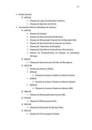 30



•   Núcleo (kernel):
          APPLIB
                 Classes de Lógica de Aplicação Canônica;
                 Classes de Algoritmo do Kernel;
•   Incrementos internos (bibliotecas de classes):
          APPLIB
                 Classes de Coleção;
                 Classes de Gerenciamento de Memória;
                 Classes de Manipulação Arquivos de Configuração (INI);
                 Classes de Gerenciamento de Arquivos em Disco;
                 Classes de Tratamento de Exceções;
                 Classes de Controle de Concorrência e Sincronismo;
                 Classes de Processamento de Cadeias de Caracteres
                 (Strings);
          MQLIB
                 Classes de Gerenciamento de Filas de Mensagens;
          SQL2LIB
                 Classes de Acesso a Dados;
                 ORALIB
                       •   Classes de Acesso a Dados em Bancos Oracle;
                 SYBLIB
                       •   Classes de Acesso a Dados em Bancos Sybase;
                 SDWLIB
                       •   Classes de Acesso a Dados em Bancos DB2;
          XMLLIB
                 Classes de Manipulação Documentos XML;
          STHLIB
                 Classes de Multiprocessamento;
          MSVLIB
                 Classes de Protocolos de Serviços Web;
          NETLIB
                 Classes de Comunicação de Dados.
 