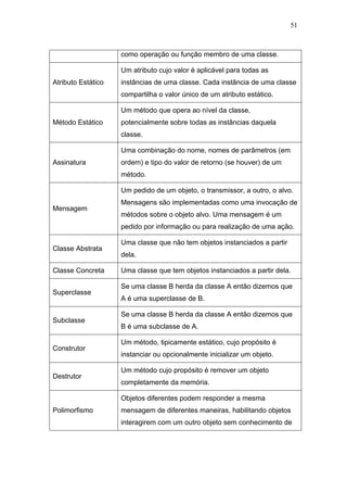 51



                    como operação ou função membro de uma classe.

                    Um atributo cujo valor é aplicável para todas as
Atributo Estático   instâncias de uma classe. Cada instância de uma classe
                    compartilha o valor único de um atributo estático.

                    Um método que opera ao nível da classe,
Método Estático     potencialmente sobre todas as instâncias daquela
                    classe.

                    Uma combinação do nome, nomes de parâmetros (em
Assinatura          ordem) e tipo do valor de retorno (se houver) de um
                    método.

                    Um pedido de um objeto, o transmissor, a outro, o alvo.
                    Mensagens são implementadas como uma invocação de
Mensagem
                    métodos sobre o objeto alvo. Uma mensagem é um
                    pedido por informação ou para realização de uma ação.

                    Uma classe que não tem objetos instanciados a partir
Classe Abstrata
                    dela.

Classe Concreta     Uma classe que tem objetos instanciados a partir dela.

                    Se uma classe B herda da classe A então dizemos que
Superclasse
                    A é uma superclasse de B.

                    Se uma classe B herda da classe A então dizemos que
Subclasse
                    B é uma subclasse de A.

                    Um método, tipicamente estático, cujo propósito é
Construtor
                    instanciar ou opcionalmente inicializar um objeto.

                    Um método cujo propósito é remover um objeto
Destrutor
                    completamente da memória.

                    Objetos diferentes podem responder a mesma
Polimorfismo        mensagem de diferentes maneiras, habilitando objetos
                    interagirem com um outro objeto sem conhecimento de
 