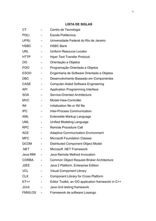 v



                            LISTA DE SIGLAS
CT         -   Centro de Tecnologia
POLI       -   Escola Politécnica
UFRJ       -   Universidade Federal do Rio de Janeiro
HSBC       -   HSBC Bank
URL        -   Uniform Resource Locator
HTTP       -   Hiper Text Transfer Protocol
OO         -   Orientação a Objetos
POO        -   Programação Orientada a Objetos
ESOO       -   Engenharia de Software Orientada a Objetos
DBC        -   Desenvolvimento Baseado em Componentes
CASE       -   Computer-Aided Software Engineering
API        -   Application Programming Interface
SOA        -   Service-Oriented Architecture
MVC        -   Model-View-Controller
INI        -   initialization file or INI file
IPC        -   Inter-Process Communication
XML        -   Extensible Markup Language
UML        -   Unified Modeling Language
RPC        -   Remote Procedure Call
ACE        -   Adaptive Communication Environment
MFC        -   Microsoft Foundation Classes
DCOM       -   Distributed Component Object Model
.NET       -   Microsoft .NET Framework
Java RMI   -   Java Remote Method Invocation
CORBA      -   Common Object Request Broker Architecture
J2EE       -   Java 2 Platform, Enterprise Edition
VCL        -   Visual Component Library
CLX        -   Component Library for Cross Platform
ET++       -   Editor Toolkit, an OO application framework in C++
JUnit      -   Java Unit testing framework
FMWLOS     -   Framework de software Losango
 
