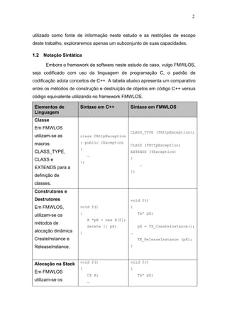 2



utilizado como fonte de informação neste estudo e as restrições de escopo
deste trabalho, exploraremos apenas um subconjunto de suas capacidades.

1.2   Notação Sintática

       Embora o framework de software neste estudo de caso, vulgo FMWLOS,
seja codificado com uso da linguagem de programação C, o padrão de
codificação adota conceitos de C++. A tabela abaixo apresenta um comparativo
entre os métodos de construção e destruição de objetos em código C++ versus
código equivalente utilizando no framework FMWLOS.

Elementos de          Sintaxe em C++           Sintaxe em FMWLOS
Linguagem
Classe
Em FMWLOS
                                               CLASS_TYPE (THttpException);
utilizam-se as        class CHttpException

macros                : public CException
                                               CLASS (THttpException)
                      {
CLASS_TYPE,                                    EXTENDS (TException)
                           …
CLASS e                                        {
                      };
                                                    …
EXTENDS para a
                                               };
definição de
classes.
Construtores e
Destrutores                                    void f()
Em FMWLOS,            void f()                 {
                      {                             Tx* pX;
utilizam-se os
                           X *pX = new X[5];
métodos de
                           delete [] pX;            pX = TX_CreateInstance();
alocação dinâmica     }                        …
CreateInstance e                                    TX_ReleaseInstance (pX);

ReleaseInstance.                               }



                      void f()                 void f()
Alocação na Stack
                      {                        {
Em FMWLOS
                           CX X;                    Tx* pX;
utilizam-se os             …
 