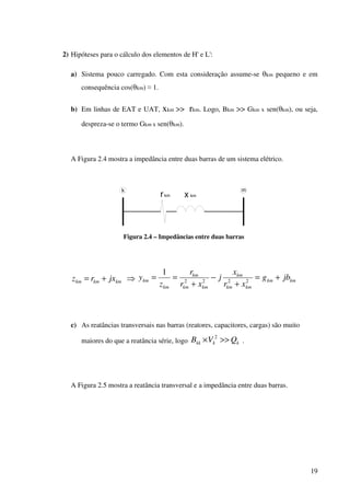 19
2) Hipóteses para o cálculo dos elementos de H' e L':
a) Sistema pouco carregado. Com esta consideração assume-se θkm pequeno e em
consequência cos(θkm) ≈ 1.
b) Em linhas de EAT e UAT, xkm >> rkm. Logo, Bkm >> Gkm x sen(θkm), ou seja,
despreza-se o termo Gkm x sen(θkm).
A Figura 2.4 mostra a impedância entre duas barras de um sistema elétrico.
rkm x km
k m
Figura 2.4 – Impedâncias entre duas barras
⇒+= kmkmkm jxrz kmkm
kmkm
km
kmkm
km
km
km jbg
xr
x
j
xr
r
z
y +=
+
−
+
== 2222
1
c) As reatâncias transversais nas barras (reatores, capacitores, cargas) são muito
maiores do que a reatância série, logo kkkk QVB >>× 2
.
A Figura 2.5 mostra a reatância transversal e a impedância entre duas barras.
 