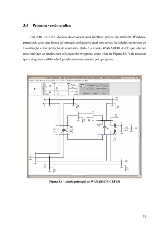 35
3.4 Primeira versão gráfica
Em 2004 o CEPEL decidiu desenvolver uma interface gráfica em ambiente Windows,
permitindo aliar uma forma de interação amigável e atual com novas facilidades em termos de
visualização e interpretação de resultados. Esta é a versão WANAREDE-GRF, que oferece
uma interface de janelas para utilização do programa, como vista na Figura 3.6. Vale ressaltar
que o diagrama unifilar não é gerado automaticamente pelo programa.
Figura 3.6 – Janela principal do WANAREDE-GRF [5]
 