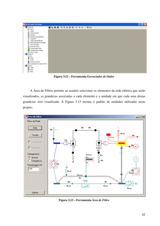 42
Figura 3.12 – Ferramenta Gerenciador de Dados
A Área de Filtros permite ao usuário selecionar os elementos da rede elétrica que serão
visualizados, as grandezas associadas a cada elemento e a unidade em que cada uma destas
grandezas será visualizada. A Figura 3.13 mostra o padrão de unidades utilizadas neste
projeto.
Figura 3.13 – Ferramenta Área de Filtro
 