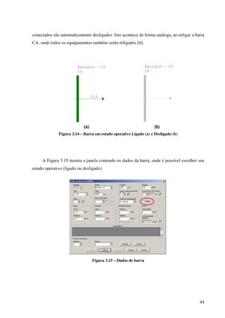 44
conectados são automaticamente desligados. Isto acontece de forma análoga, ao religar a barra
CA, onde todos os equipamentos também serão religados [6].
(a) (b)
Figura 3.14 – Barra em estado operativo Ligado (a) e Desligado (b)
A Figura 3.15 mostra a janela contendo os dados da barra, onde é possível escolher seu
estado operativo (ligado ou desligado).
Figura 3.15 – Dados de barra
 