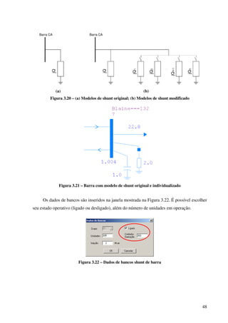 48
Barra CA
jQ
Barra CA
jQ
jQ1
jQ2
jQn-1
jQn
(a) (b)
Figura 3.20 – (a) Modelos de shunt original; (b) Modelos de shunt modificado
Figura 3.21 – Barra com modelo de shunt original e individualizado
Os dados de bancos são inseridos na janela mostrada na Figura 3.22. É possível escolher
seu estado operativo (ligado ou desligado), além do número de unidades em operação.
Figura 3.22 – Dados de bancos shunt de barra
 