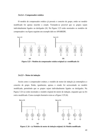 49
3.6.2.4 – Compensador estático
O modelo de compensador estático já possuía o conceito de grupo, então no modelo
modificado foi apenas inserido o estado. Tornando-se possível que os grupos sejam
individualmente ligados ou desligados [6]. Na Figura 3.23 estão mostrados os modelos de
compensador e na figura seguinte um exemplo dele no ANAREDE.
Barra CA
CER1
CER2
CERn-1
CERn
Barra CA
CER1
CER2
CERn-1
CERn
(a) (b)
Figura 3.23 – Modelos de compensador estático original (a) e modificado (b)
3.6.2.5 – Motor de indução
Assim como o compensador estático, o modelo de motor de indução já contemplava o
conceito de grupo. Então, igualmente, apenas o estado foi acrescentado no modelo
modificado, permitindo que os grupos sejam individualmente ligados ou desligados. Na
Figura 3.24 (a) estão mostrados o modelo original do motor de indução, enquanto que na (b)
está o modificado. Como exemplo ilustrativo tem-se a Figura 3.25 [6].
Barra CA
M1 M2 MnMn-1
Barra CA
M1 M2 MnMn-1
(a) (b)
Figura 3. 24 – (a) Modelos de motor de indução original; (b) Modelo modificado
 