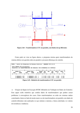 59
Figura 3.44 – Transformadores LTC em paralelo, com limites de tap diferentes
Como pode ser visto na figura abaixo, o programa retorna quais transformadores do
sistema elétrico em questão estão em paralelo e possuem diferenças de controle.
CEPEL - Centro de Pesquisas de Energia Eletrica - ANAREDE V09.04.05
DOIS TRAFOS LTC em paralelo
RELATORIO DE TRANSFORMADORES EM PARALELO COM DIFERENCAS DE CONTROLE
X------------------X------------------X--X-----X-----X-----X-----X-------X-------X
BARRA DE BARRA PARA BARRA TAP TAP TAP RESIS. REAT. X
NUM. NOME NUM. NOME NC CONT. MIN. MAX. (%) (%)
X-----X------------X-----X------------X--X-----X-----X-----X-----X-------X-------X
5 BARRA05--138 6 BARRA06---66 1 5 0.900 1.000 1.100 0.000 0.150
6 BARRA06---66 5 BARRA05--138 2 6 0.900 1.000 1.100 0.000 0.150
Figura 3.45 – Relatório de transformadores LTC em paralelo
⇒ Criação da Opção de Execução RVDC (Relatório de Validação de Dados de Controle).
Esta opção exibe relatórios que contêm dados de transformadores que podem causar
problemas à convergência dos casos. Estes transformadores ou estão em sistemas radiais
controlando a barra no lado de tensão maior ou são transformadores em paralelo com dados de
controle diferentes (são analisados os taps mínimo e máximo, a barra controlada e os valores
de resistência e reatância).
 