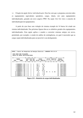 63
⇒ Criação da opção Salvar individualização. Esta faz com que o programa converta todos
os equipamentos equivalentes (geradores, cargas, shunts, etc) para equipamentos
individualizados, gerando um novo arquivo PWF. Na seção 3.6.2 foi visto o conceito de
individualização de equipamentos.
A partir do caso base sem violação do sistema exemplo de 14 barras foi criado um
sistema individualizado. Nas próximas figuras têm-se os relatórios gerados dos equipamentos
individualizados. Esta opção agiliza o usuário a converter sistemas antigos em novos,
permitindo, por exemplo, o estudo de análise de contingências, no qual é necessário que as
cargas sejam individualizadas para ser possível o seu desligamento.
CEPEL - Centro de Pesquisas de Energia Eletrica - ANAREDE V09.04.05
CASO BASE SEM VIOLAÇÕES
DADOS DE CARGA INDIVIDUALIZADA
X------------------X---X-X---X---X---------------X------ZIP------X----------X
BARRA IDE E UNI UNI CARGA ATIVA REATIVA TENSAO
NUM. NOME GRP DAD OPE ATIVA REATIVA % I % Z % I % Z VMIN VDEF
X-----X------------X---X-X---X---X-------X-------X---X---X---X---X-----X----X
2 BARRA02--138 1 L 1 1 21.7 12.7 70. 1045 ADIC
3 BARRA03--138 1 L 1 1 94.2 19. 70. 1010 ADIC
4 BARRA04--138 1 L 1 1 47.8 -3.9 70. 1020 ADIC
5 BARRA05--138 1 L 1 1 -100. -35. 70. 1010 ADIC
6 BARRA06---66 1 L 1 1 130. -26. 70. 1062 ADIC
9 BARRA09---66 1 L 1 1 29.5 16.6 70. 1025 ADIC
10 BARRA10---66 1 L 1 1 9. 5.8 35 0 4 46 70. 1046 ADIC
11 BARRA11---66 1 L 1 1 3.5 1.8 70. 1056 ADIC
13 BARRA13---66 1 L 1 1 13.5 5.8 70. 1057 ADIC
14 BARRA14---66 1 L 1 1 14.9 5. 70. 1068 ADIC
Figura 3.51 – Relatório de cargas individualizadas
 