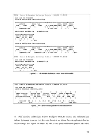 64
CEPEL - Centro de Pesquisas de Energia Eletrica - ANAREDE V09.04.05
CASO BASE SEM VIOLAÇÕES
DADOS DE BANCOS SHUNT INDIVIDUALIZADOS
X------------------X------------------X--X-X----X----X-----X------X-X-----X
BARRA DE BARRA PARA BARRA SHUNT BARRA
NUM. NOME NUM. NOME NC C VMIN VMAX CONTR INIC T EXTR.
X-----X------------X-----X------------X--X-X----X----X-----X------X-X-----X
9 BARRA09---66 F 0950 1050 9 19. C ADIC
BANCOS SHUNT NA BARRA CA 9 BARRA09---66
X-----X-X---X---X------X
GRUPO E NUM UNI SHUNT
IDENT UNI OP. Mvar
X-----X-X---X---X------X
1 L 1 1 19. ADIC
DADOS DE BANCOS SHUNT INDIVIDUALIZADOS
X------------------X------------------X--X-X----X----X-----X------X-X-----X
BARRA DE BARRA PARA BARRA SHUNT BARRA
NUM. NOME NUM. NOME NC C VMIN VMAX CONTR INIC T EXTR.
X-----X------------X-----X------------X--X-X----X----X-----X------X-X-----X
2 BARRA02--138 3 BARRA03--138 1 F 0950 1050 3 -5. C 3 ADIC
CEPEL - Centro de Pesquisas de Energia Eletrica - ANAREDE V09.04.05
CASO BASE SEM VIOLAÇÕES
BANCOS SHUNT NA BARRA CA 3 BARRA03--138
X-----X-X---X---X------X
GRUPO E NUM UNI SHUNT
IDENT UNI OP. Mvar
X-----X-X---X---X------X
1 L 1 1 -5. ADIC
Figura 3.52 – Relatório de bancos shunt individualizados
CEPEL - Centro de Pesquisas de Energia Eletrica - ANAREDE V09.04.05
CASO BASE SEM VIOLAÇÕES
DADOS DE GERADORES INDIVIDUALIZADOS
X------------------X-------X-----X-----------X------X-----X-----X-----X-----X
BARRA GERADORA UNIDADE PGER QGERADO TRANSF DADOS DE MAQUINA
NUM. NOME MIN MAX (MW) ATUAL MAX xtrf xd(%) xl f.p. PMEC
GRUPO ESTADOVRUOp OPE ESPEC MIN (%) xq(%) (%) SNOM MAX.
X-----X------------X---X---X-----X-----------X------X-----X-----X-----X-----X
8 BARRA08---33 1 1 0. -13.9 20. 17.62 0.0 0.0 1.0 9999.
1 LIG. FIXO 1 -20. 0.0 9999. ADIC
Figura 3.53 – Relatório de geradores individualizados
⇒ Para facilitar a identificação de erros do arquivo PWF, foi inserida uma ferramenta que
indica a linha onde ocorreu o erro detectado durante a sua leitura. Para exemplo desta função,
um caso antigo de 4 dígitos foi aberto. Ao abrir o caso aparece uma mensagem de erro como
 