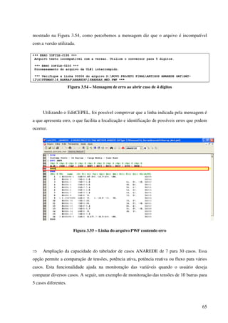 65
mostrado na Figura 3.54, como percebemos a mensagem diz que o arquivo é incompatível
com a versão utilizada.
*** ERRO IOFILE-0195 ***
Arquivo texto incompativel com a versao. Utilize o conversor para 5 digitos.
*** ERRO IOFILE-0230 ***
Processamento do arquivo da UL#1 interrompido.
*** Verifique a linha 00006 do arquivo D:NOVO PROJETO FINALARTIGOS ANAREDE GATGAT-
12SISTEMAS16_BARRASANAREDE16BARRAS_MED.PWF ***
Figura 3.54 – Mensagem de erro ao abrir caso de 4 dígitos
Utilizando o EditCEPEL, foi possível comprovar que a linha indicada pela mensagem é
a que apresenta erro, o que facilita a localização e identificação de possíveis erros que podem
ocorrer.
Figura 3.55 – Linha do arquivo PWF contendo erro
⇒ Ampliação da capacidade do tabelador de casos ANAREDE de 7 para 30 casos. Essa
opção permite a comparação de tensões, potência ativa, potência reativa ou fluxo para vários
casos. Esta funcionalidade ajuda na monitoração das variáveis quando o usuário deseja
comparar diversos casos. A seguir, um exemplo de monitoração das tensões de 10 barras para
5 casos diferentes.
 