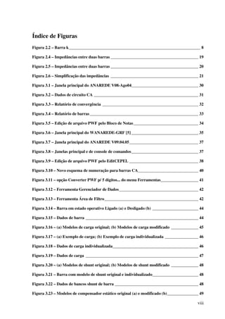 viii
Índice de Figuras
Figura 2.2 – Barra k_______________________________________________________________ 8
Figura 2.4 – Impedâncias entre duas barras __________________________________________ 19
Figura 2.5 – Impedâncias entre duas barras __________________________________________ 20
Figura 2.6 – Simplificação das impedâncias __________________________________________ 21
Figura 3.1 – Janela principal do ANAREDE V08-Ago04________________________________ 30
Figura 3.2 – Dados de circuito CA __________________________________________________ 31
Figura 3.3 – Relatório de convergência ______________________________________________ 32
Figura 3.4 – Relatório de barras____________________________________________________ 33
Figura 3.5 – Edição de arquivo PWF pelo Bloco de Notas_______________________________ 34
Figura 3.6 – Janela principal do WANAREDE-GRF [5] ________________________________ 35
Figura 3.7 – Janela principal do ANAREDE V09.04.05_________________________________ 37
Figura 3.8 – Janelas principal e de console de comandos________________________________ 37
Figura 3.9 – Edição de arquivo PWF pelo EditCEPEL _________________________________ 38
Figura 3.10 – Novo esquema de numeração para barras CA_____________________________ 40
Figura 3.11 – opção Converter PWF p/ 5 dígitos... do menu Ferramentas__________________ 41
Figura 3.12 – Ferramenta Gerenciador de Dados______________________________________ 42
Figura 3.13 – Ferramenta Área de Filtro_____________________________________________ 42
Figura 3.14 – Barra em estado operativo Ligado (a) e Desligado (b) ______________________ 44
Figura 3.15 – Dados de barra ______________________________________________________ 44
Figura 3.16 – (a) Modelos de carga original; (b) Modelos de carga modificado _____________ 45
Figura 3.17 – (a) Exemplo de carga; (b) Exemplo de carga individualizada ________________ 46
Figura 3.18 – Dados de carga individualizada_________________________________________ 46
Figura 3.19 – Dados de carga ______________________________________________________ 47
Figura 3.20 – (a) Modelos de shunt original; (b) Modelos de shunt modificado _____________ 48
Figura 3.21 – Barra com modelo de shunt original e individualizado______________________ 48
Figura 3.22 – Dados de bancos shunt de barra ________________________________________ 48
Figura 3.23 – Modelos de compensador estático original (a) e modificado (b)_______________ 49
 