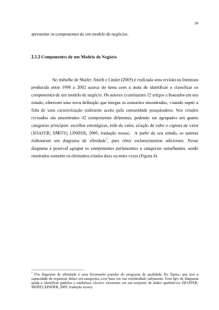 26

apresentar os componentes de um modelo de negócios.

2.2.2 Componentes de um Modelo de Negócio

No trabalho de Shafer, Smith e Linder (2005) é realizada uma revisão na literatura
produzida entre 1998 e 2002 acerca do tema com a meta de identificar e classificar os
componentes de um modelo de negócio. Os autores examinaram 12 artigos e baseados em seu
estudo, oferecem uma nova definição que integra os conceitos encontrados, visando suprir a
falta de uma caracterização realmente aceite pela comunidade pesquisadora. Nos estudos
revisados são encontrados 42 componentes diferentes, podendo ser agrupados em quatro
categorias principais: escolhas estratégicas, rede de valor, criação de valor e captura de valor
(SHAFER; SMITH; LINDER, 2005, tradução nossa). A partir de seu estudo, os autores
elaboraram um diagrama de afinidade7, para obter esclarecimentos adicionais. Nesse
diagrama é possível agrupar os componentes pertencentes a categorias semelhantes, sendo
mostrados somente os elementos citados duas ou mais vezes (Figura 4).

7

Um diagrama de afinidade é uma ferramenta popular do programa de qualidade Six Sigma, que tem a
capacidade de organizar idéias em categorias, com base em sua similaridade subjacente. Esse tipo de diagrama
ajuda a identificar padrões e estabelece clusters existentes em um conjunto de dados qualitativos (SHAFER;
SMITH; LINDER, 2005, tradução nossa).

 