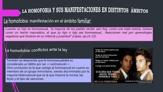 Cuando un hijo es homosexual, “la mayoría de los padres recibe, aún hoy, como una mala noticia, incluso
como un hecho traumático, el que su hijo o hija sea homosexual… Reaccionan mal por aprendizajes
negativos que hicieron en su infancia y juventud” (López, op.cit: 22).
También se desprende que la homosexualidad es
considerada un delito por ser <<antinatural>>.
Otra conclusión es la que castiga al homosexual en cuanto es
miembro de un grupo minoritario, siendo discriminado por la
mayoría heterosexual que es la que impone la norma, las
leyes y el tipo de sanciones.
 