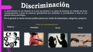 La discriminación es una situación en la que una persona o un grupo de personas son tratadas de forma
contraproducente a causa de prejuicios, generalmente por pertenecer e; convirtiéndose a veces en una
agresión física y psicológica.
Por lo general, la mente humana prefiere pensar por medio de estereotipos, categorías y prejuicio.
Racial
T I P O S D E D I S C R I M I N A C I Ò N
Religiosa Ideológica Sexual
 