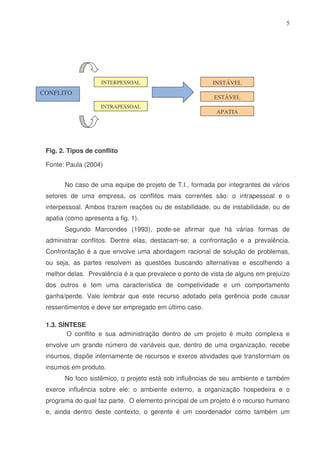 5

INTERPESSOAL

CONFLITO

INSTÁVEL
ESTÁVEL

INTRAPESSOAL

APATIA

Fig. 2. Tipos de conflito
Fonte: Paula (2004)
No caso de uma equipe de projeto de T.I., formada por integrantes de vários
setores de uma empresa, os conflitos mais correntes são: o intrapessoal e o
interpessoal. Ambos trazem reações ou de estabilidade, ou de instabilidade, ou de
apatia (como apresenta a fig. 1).
Segundo Marcondes (1993), pode-se afirmar que há várias formas de
administrar conflitos. Dentre elas, destacam-se: a confrontação e a prevalência.
Confrontação é a que envolve uma abordagem racional de solução de problemas,
ou seja, as partes resolvem as questões buscando alternativas e escolhendo a
melhor delas. Prevalência é a que prevalece o ponto de vista de alguns em prejuízo
dos outros e tem uma característica de competividade e um comportamento
ganha/perde. Vale lembrar que este recurso adotado pela gerência pode causar
ressentimentos e deve ser empregado em último caso.
1.3. SÍNTESE
O conflito e sua administração dentro de um projeto é muito complexa e
envolve um grande número de variáveis que, dentro de uma organização, recebe
insumos, dispõe internamente de recursos e exerce atividades que transformam os
insumos em produto.
No foco sistêmico, o projeto está sob influências de seu ambiente e também
exerce influência sobre ele: o ambiente externo, a organização hospedeira e o
programa do qual faz parte. O elemento principal de um projeto é o recurso humano
e, ainda dentro deste contexto, o gerente é um coordenador como também um

 