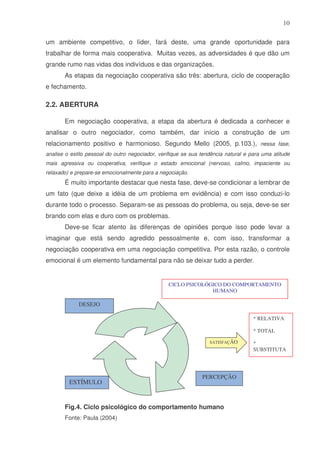 10
um ambiente competitivo, o líder, fará deste, uma grande oportunidade para
trabalhar de forma mais cooperativa. Muitas vezes, as adversidades é que dão um
grande rumo nas vidas dos indivíduos e das organizações.
As etapas da negociação cooperativa são três: abertura, ciclo de cooperação
e fechamento.

2.2. ABERTURA
Em negociação cooperativa, a etapa da abertura é dedicada a conhecer e
analisar o outro negociador, como também, dar início a construção de um
relacionamento positivo e harmonioso. Segundo Mello (2005, p.103.), nessa fase,
analise o estilo pessoal do outro negociador, verifique se sua tendência natural e para uma atitude
mais agressiva ou cooperativa, verifique o estado emocional (nervoso, calmo, impaciente ou
relaxado) e prepare-se emocionalmente para a negociação.

É muito importante destacar que nesta fase, deve-se condicionar a lembrar de
um fato (que deixe a idéia de um problema em evidência) e com isso conduzi-lo
durante todo o processo. Separam-se as pessoas do problema, ou seja, deve-se ser
brando com elas e duro com os problemas.
Deve-se ficar atento às diferenças de opiniões porque isso pode levar a
imaginar que está sendo agredido pessoalmente e, com isso, transformar a
negociação cooperativa em uma negociação competitiva. Por esta razão, o controle
emocional é um elemento fundamental para não se deixar tudo a perder.

CICLO PSICOLÓGICO DO COMPORTAMENTO
HUMANO

DESEJO
* RELATIVA
* TOTAL
SATISFAÇÃO

ESTÍMULO

PERCEPÇÃO

Fig.4. Ciclo psicológico do comportamento humano
Fonte: Paula (2004)

*
SUBSTITUTA

 