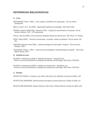 23

REFERÊNCIAS BIBLIOGRÁFICAS

!"
' ( ! )*
%
3
2

,

-

4+ ( 5
& !

>

2

.//?

- !:

.//0

4' > 4
D
: ) .//0
E

4
+

D

:

1

)!

4 E
4 )

4

4 E
4 )

#$

.//0

67 4

%

%

#$

%

&

+

4

+

!
!)
.//

8 3
9 ; <=

8 + (
:

.//0

)( # @
#$

C

)$

2 ( ! & )!

)

AB

;

!

)

:

)

(!

B

) ),

C

.//

$

#$

9

(
)

) ),

$

)
8

1

:

A

A

#$

) ),

$

2 (! &% 2

@

;1

%

:

) #$

)

)
:

&
%

:

5 )

&
$

2 (! &

(
C ()
(

1

C ()
(

1

.//<
F ( ) )(

D !

.//< 1
F ( ) )(

C

:

! #$

)

)!

)$

)

! #$

(
#$

)

:
A

$

2 (! &- 8

2

)!
#$

A

(
$

2 (! &- 8

2

)
E4 8

2

G

#

( !

)

$

2 (! &

4

D

! -

.//9 : ?<

REVISTA SQL MAGAZINE, Gerenciamento de projetos de data warehouse, Edição 34 2006, p.6.
REVISTA B2B MAGAZINE, Capital intelectual. São Paulo: Padrão Editorial. Outubro de 2005, p.68.

 