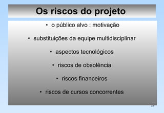Os riscos do projeto   o público alvo : motivação substituições da equipe multidisciplinar  aspectos tecnológicos  riscos de obsolência  riscos financeiros  riscos de cursos concorrentes  