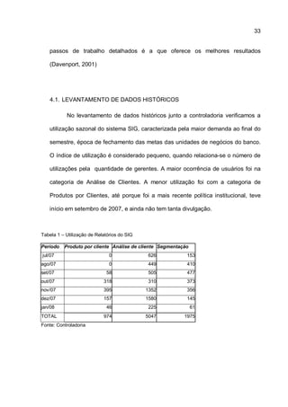 33
passos de trabalho detalhados é a que oferece os melhores resultados
(Davenport, 2001)
4.1. LEVANTAMENTO DE DADOS HISTÓRICOS
No levantamento de dados históricos junto a controladoria verificamos a
utilização sazonal do sistema SIG, caracterizada pela maior demanda ao final do
semestre, época de fechamento das metas das unidades de negócios do banco.
O índice de utilização é considerado pequeno, quando relaciona-se o número de
utilizações pela quantidade de gerentes. A maior ocorrência de usuários foi na
categoria de Análise de Clientes. A menor utilização foi com a categoria de
Produtos por Clientes, até porque foi a mais recente política institucional, teve
início em setembro de 2007, e ainda não tem tanta divulgação.
Tabela 1 – Utilização de Relatórios do SIG
Período Produto por cliente Análise de cliente Segmentação
jul/07 0 626 153
ago/07 0 449 410
set/07 58 505 477
out/07 318 310 373
nov/07 395 1352 356
dez/07 157 1580 145
jan/08 46 225 61
TOTAL 974 5047 1975
Fonte: Controladoria
 