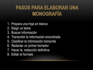 1.   Prepara una hoja en blanco
2.   Elegir un tema
3.   Buscar información
4.   Transcribir la información encontrada
5.   Clasificar la información transcrita
6.   Redactar un primer borrador
7.   Hacer la redacción definitiva
8.   Editar el formato
 