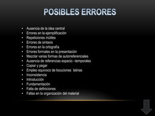 •   Ausencia de la idea central
•   Errores en la ejemplificación
•   Repeticiones inútiles
•   Errores de sintaxis
•   Errores en la ortografía
•   Errores formales en la presentación
•   Mezclar varias formas de autorreferenciales
•   Ausencia de referencias espacio –temporales
•   Copiar y pegar
•   Empleo equivoco de locuciones latinas
•   Inconsistencia
•   Introducción
•   Fundamentación
•   Falta de definiciones
•   Fallas en la organización del material
 