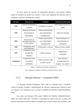 24



          Ao focar apenas em sistemas de computação, percebe-se uma grande evolução
quanto às interfaces de acordo com a tabela 1. Houve uma adaptação das interfaces para se
adequarem conforme a demanda dos usuários.

  Geração             Tipo de Uso                    Usuários                Interface de interação
                  Cálculos de Mecânica                                      Movimentos de chaves e
    1945                                     Os próprios inventores
                        e Elétrica                                                       cabos
                  Máquina de calcular,       Grupos especializados
    1955             Processador de             sem conhecimento               Linhas de comando
                      informações.               computacional.
                                             Grupos especializados            Menus hierárquicos e
                     Mecanização de
    1965          atividades repetitivas        sem conhecimento                   preenchimento de
                     e não criativas.             computacional                       formulários

    1985           Computador como           Profissionais e curiosos        Mouse, ícones e janelas.
                    uma ferramenta.
                   Computador como
                                                                                     Equipamentos
    1995              um aparelho               Todas as pessoas
                                                                                      multimídia
                       eletrônico
                   Computador como                                                  Telas sensíveis,
                                             Todas as pessoas, todas
 Atualmente           uma central                                                  reconhecimento de
                                                as classes sociais.
                       multimídia                                             imagens, voz e gestos.

                               Tabela 1 – Interfaces de interação computacionais

                      Fonte: Adaptado de (VIEIRA DA ROCHA; BARANAUSKAS, 2003).




         2.7.2.       Interação Humano – Computador (IHC)


          “A Interação Humano-Computador (IHC) pode ser definida como a disciplina
relativa ao design, avaliação e implementação de sistemas computacionais interativos para
uso humano e aos fenômenos que os cercam”, (VIEIRA DA ROCHA; BARANAUSKAS,
2003).

          De acordo com Norman (1998, apud VIEIRA DA ROCHA; BARANAUSKAS,
2003), um sistema ideal deve “esconder” a tecnologia do usuário, para que o usuário não
perceba sua presença no SO. O objetivo é permitir que as pessoas façam suas atividades, com
 