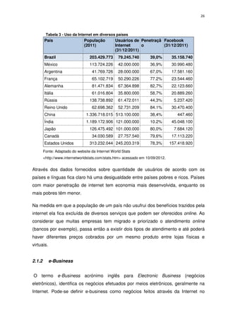 26



         Tabela 3 - Uso da Internet em diversos países
        País                   População         Usuários de Penetraçã Facebook
                               (2011)            Internet     o        (31/12/2011)
                                                 (31/12/2011)
        Brazil                    203.429.773      79.245.740       39,0%        35.158.740
        México                    113.724.226      42.000.000       36,9%        30.990.480
        Argentina                   41.769.726     28.000.000       67,0%        17.581.160
        França                      65.102.719     50.290.226       77.2%        23.544.460
        Alemanha                    81.471.834     67.364.898       82,7%        22.123.660
        Itália                      61.016.804     35.800.000       58,7%        20.889.260
        Rússia                    138.738.892      61.472.011       44,3%         5.237.420
        Reino Unido                 62.698.362     52.731.209       84.1%        30.470.400
        China                   1.336.718.015 513.100.000           38,4%          447.460
        Índia                   1.189.172.906 121.000.000           10.2%        45.048.100
        Japão                     126.475.492 101.000.000           80,0%         7.684.120
        Canadá                      34.030.589     27.757.540       79,6%        17.113.220
        Estados Unidos            313.232.044 245.203.319           78,3%       157.418.920
        Fonte: Adaptado do website da Internet World Stats
        <http://www.internetworldstats.com/stats.htm> acessado em 10/09/2012.


Através dos dados fornecidos sobre quantidade de usuários de acordo com os
países e línguas fica claro há uma desigualdade entre países pobres e ricos. Países
com maior penetração de internet tem economia mais desenvolvida, enquanto os
mais pobres têm menor.

Na medida em que a população de um país não usufrui dos benefícios trazidos pela
internet ela fica excluída de diversos serviços que podem ser oferecidos online. Ao
considerar que muitas empresas tem migrado e priorizado o atendimento online
(bancos por exemplo), passa então a existir dois tipos de atendimento e até poderá
haver diferentes preços cobrados por um mesmo produto entre lojas físicas e
virtuais.


2.1.2       e-Business


O termo e-Business acrónimo inglês para Electronic Business (negócios
eletrônicos), identifica os negócios efetuados por meios eletrônicos, geralmente na
Internet. Pode-se definir e-business como negócios feitos através da Internet no
 