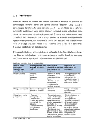 29




2.1.3    Interatividade


Antes do advento da internet era comum considerar o receptor no processo de
comunicação somente como um agente passivo. Segundo Levy (2000) a
comunicação digital desafia esse conceito criando a possibilidade do receptor da
informação agir também como agente ativo em velocidade quase instantânea como
ocorre normalmente na comunicação presencial. É o caso dos programas de vídeo
conferência em comparação com o antigo sistema de envio de correspondência.
Apesar de ser possível, não faria sentido utilizar uma estrutura nas cartas como se
fosse um diálogo através de frases curtas. Já com a utilização da vídeo conferência
é possível estabelecer um diálogo normal.

Outra possibilidade que a internet abre é a realização de tarefas múltiplas em tempo
real. Diversos trabalhadores podem desenvolver uma planilha de cálculo ao mesmo
tempo mesmo que seja a partir de países diferentes, por exemplo.

Tabela 4 - Diferentes Tipos de Interatividade
Relação com a               Mensagem linear não- Interrupção e              Implicação da
mensagem/                   alterável em tempo   reorientação do fluxo      participação na
Dispositivo de              real                 informacional em           mensagem
comunicação                                      tempo real
Difusão unilateral          Imprensa               - Bancos de dados        - Videogames com um
                            Rádio                  multimodais;             só participante;
                            Televisão              - Hiperdocumentos        - Simulações com
                            Cinema                 fixos;                   imersão (simulador de
                                                   - Simulações sem         vôo) sem modificação
                                                   imersão nem              possível do modelo
                                                   possibilidade de
                                                   modificar o modelo
Diálogo, reciprocidade Correspondência postal - Telefone                    Diálogos através de
                       entre duas pessoas     - Videofone                   mundos virtuais,
                                                                            cibersexo.
Diálogo entre vários        - Rede de              - Teleconferência ou     - RPG multiusuário no
participantes               correspondência        videoconferência com     ciberespaço
                            - Sistema das          vários participantes     - Videogame em
                            publicações em uma     - Hiperdocumentos        “realidade virtual” com
                            comunidade de          abertos acessíveis on-   vários participantes
                            pesquisa               line, frutos da          - Comunicação em
                            - Correio eletrônico   escrita/leitura de uma   mundos virtuais,
                            - Conferências         comunidade               negociação contínua
                            eletrônicas            - Simulações (com        dos participantes sobre
                                                   possibilidade de atuar   suas imagens e a
                                                   sobre o modelo) como     imagem de sua
                                                   de suportes de debates   situação comum.
                                                   de uma comunidade
Fonte: Levy (2000, p. 83)
 
