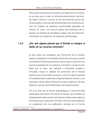 Delitos contra los Recursos Naturales 
limitaciones impuestas por las leyes y los reglamentos. Cuando 
se nos dice que un bien es Pat rimonio de la Nación, sea éste 
de origen natural o cultural, se nos está diciendo que es de 
interés público y que por ello el Estado fijará las condiciones en 
que los t itulares de derechos pat rimoniales ejercerán los 
mismos. En suma, una lectura jurídica de Pat rimonio de la 
Nación nos remit irá de inmediato a algún t ipo de rest ricción 
o limitación en el ejercicio de derechos pat rimoniales. 
1.6.2 ¿Por qué algunos piensan que el Estado es siempre el 
Página 24 
dueño de los recursos naturales? 
El error parte de considerar que Pat rimonio de la Nación 
significa propiedad int ransferible del Estado. Eso pasa cuando 
se ent iende el término pat rimonio como conjunto de act ivos y 
pasivos propiedad de una persona o ent idad; cuando en rea-lidad 
que un bien, sea material o inmaterial, mueble o 
inmueble, tenga la calidad de pat rimonio de la Nación 
significa que es de interés nacional y, como tal, debe regularse 
la modalidad de los derechos otorgados sobre los mismos y, si es 
necesario, deben fijarse limitaciones para el ejercicio de esos 
derechos, sea por parte del Estado o de los part iculares.9 
Tal es el caso de los bienes arqueológicos o monumentales 
declarados pat rimonio cultural de la Nación, que pueden ser 
propiedad privada o estatal, estando en ambos casos sujetos a 
limitaciones que responden al interés nacional, así por ejemplo, 
un propietario de una edificación ubicada en el Cent ro 
9 ANDALUZ WESTREICHER, C.; Manual de Derecho Ambiental, cit., p.58,59,60 Y 61. 
 