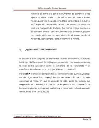 Delitos contra los Recursos Naturales 
Histórico de Lima o la zona monumental de Barranco, debe 
ejercer su derecho de propiedad en armonía con el interés 
nacional, por ello no puede modificar la fachada e, inclusive, 
está impedido de pintarla de un color no autorizado por el 
Inst ituto Nacional de Cultura. Del mismo modo, aunque el 
Estado sea "dueño" del Santuario Histórico de Machupicchu, 
no puede darle un uso que desvirtúe el interés nacional, 
haciendo, por ejemplo, aprovechamiento minero. 
Página 25 
1.7 ¿QUE ES AMBIENTE O MEDIO AMBIENTE? 
El ambiente es el conjunto de elementos sociales, económicos, culturales, 
biót icos y abiót icos que interactúan en un espacio y t iempo determinado; 
lo cual podría graficarse como la sumatoria de la Naturaleza y las 
manifestaciones humanas en un lugar y t iempo concretos10. 
Para la LGA el ambiente comprende a los elementos físicos, químicos y biológi-cos 
de origen natural o antropogénico que, en forma individual o asociada, 
conforman el medio en que se desarrolla la vida, siendo los factores que 
aseguran la salud individual y colectiva de las personas y la conservación de 
los recursos naturales, la diversidad biológica y el pat rimonio cultural asociado 
a ellos, ent re ot ros (art ículo 2.3). 
10 ANDALUZ WESTREICHER, C.; Manual de Derecho Ambiental, cit., p.62 
 