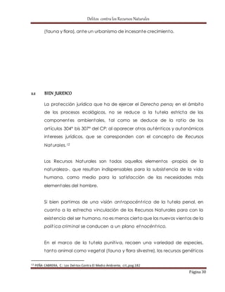 Delitos contra los Recursos Naturales 
Página 30 
(fauna y flora), ante un urbanismo de incesante crecimiento. 
2.2 BIEN JURIDICO 
La protección jurídica que ha de ejercer el Derecho pena¡ en el ámbito 
de los procesos ecológicos, no se reduce a la tutela est ricta de los 
componentes ambientales, tal como se deduce de la rat io de los 
art ículos 304° bis 307° del CP; al aparecer ot ros autént icos y autonómicos 
intereses jurídicos, que se corresponden con el concepto de Recursos 
Nat urales.12 
Los Recursos Naturales son todos aquellos elementos -propios de la 
naturaleza-, que resultan indispensables para la subsistencia de la vida 
humana, como medio para la sat isfacción de las necesidades más 
elementales del hombre. 
Si bien part imos de una visión ant ropocént rica de la tutela penal, en 
cuanto a la est recha vinculación de los Recursos Naturales para con la 
existencia del ser humano, no es menos cierto que los nuevos vientos de la 
polít ica criminal se conducen a un plano et nocént rico. 
En el marco de la tutela punit iva, recaen una variedad de especies, 
tanto animal como vegetal (fauna y flora silvest re), los recursos genét icos 
12 PEÑA CABRERA, C.: Los Delitos Contra El Medio Ambiente, cit.,pag.182 
 