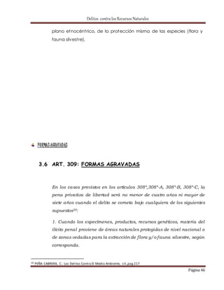 Delitos contra los Recursos Naturales 
plano etnocént rico, de la protección misma de las especies (flora y 
fauna silvest re). 
Página 46 
FORMAS AGRAVADAS 
3.6 ART. 309: FORMAS AGRAVADAS 
En los casos previstos en los artículos 308º,308º-A, 308º-B, 308º-C, la 
pena privativa de libertad será no menor de cuatro años ni mayor de 
siete años cuando el delito se cometa bajo cualquiera de los siguientes 
supuestos20: 
1. Cuando los especímenes, productos, recursos genéticos, materia del 
ilícito penal proviene de áreas naturales protegidas de nivel nacional o 
de zonas vedadas para la extracción de f lora y/o fauna silvestre, según 
corresponda. 
20 PEÑA CABRERA, C.: Los Delitos Contra El Medio Ambiente, cit.,pag.217 
 