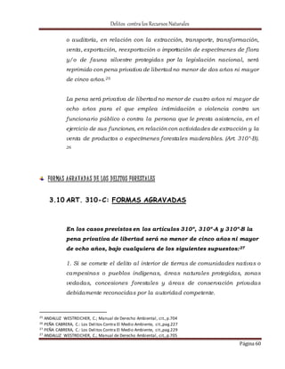 Delitos contra los Recursos Naturales 
o auditoría, en relación con la extracción, transporte, transformación, 
venta, exportación, reexportación o importación de especímenes de f lora 
y/o de fauna silvestre protegidas por la legislación nacional, será 
reprimido con pena privativa de libertad no menor de dos años ni mayor 
de cinco años.25 
La pena será privativa de libertad no menor de cuatro años ni mayor de 
ocho años para el que emplea intimidación o violencia contra un 
funcionario público o contra la persona que le presta asistencia, en el 
ejercicio de sus funciones, en relación con actividades de extracción y la 
venta de productos o especímenes forestales maderables. (Art. 310°-B). 
Página 60 
26 
FORMAS AGRAVADAS D E LOS D ELITOS FORESTALES 
3.10 ART. 310-C: FORMAS AGRAVADAS 
En los casos previstos en los artículos 310º, 310º-A y 310º-B la 
pena privativa de libertad será no menor de cinco años ni mayor 
de ocho años, bajo cualquiera de los siguientes supuestos:27 
1. Si se comete el delito al interior de tierras de comunidades nativas o 
campesinas o pueblos indígenas, áreas naturales protegidas, zonas 
vedadas, concesiones forestales y áreas de conservación privadas 
debidamente reconocidas por la autoridad competente. 
25 ANDALUZ WESTREICHER, C.; Manual de Derecho Ambiental, cit., p.704 
26 PEÑA CABRERA, C.: Los Delitos Contra El Medio Ambiente, cit.,pag.227 
27 PEÑA CABRERA, C.: Los Delitos Contra El Medio Ambiente, cit.,pag.229 
27 ANDALUZ WESTREICHER, C.; Manual de Derecho Ambiental, cit., p.705 
 