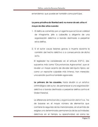 Delitos contra los Recursos Naturales 
Página 72 
entendemos que puede ser también como part ícipe. 
La pena privativa de libertad será no menor de seis años ni 
mayor de diez años cuando: 
1. El delito es comet ido por un agente que actúa en calidad 
de integrante, jefe o cabecilla o dirigente de una 
organización delict iva o banda dest inada a perpet rar 
estos delitos. 
2. Si el autor causa lesiones graves o muerte durante la 
comisión del hecho delict ivo o a consecuencia de dicho 
acto. 
El legislador ha considerado en el art ículo 310°-C, dos 
supuestos más como "Circunstancias Agravantes", que al 
revelar un mayor acento de disvalor del injusto t ípico, así 
como un reproche culpable más intenso, han merecido 
una sanción punit iva también agravada. 
La primera de las causales, hace alusión a un estatus 
criminológico del autor, de pertenecer a una organización 
delict iva o banda dest inada a perpet rar delitos cont ra el 
Orden Forestal. 
La diferencia ent re banda y organi zación del ict iva, ha 
de basarse en el mayor número de elementos que 
cont iene la segunda de las mencionadas, en el sent ido de 
exigirse una determinada permanencia de las act ividades 
delict ivas en el t iempo, su operat ividad, así como las 
 