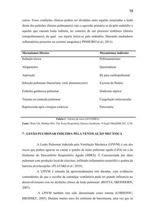 13
outros. Essas condições clinicas podem ser divididas entre aquelas associadas a lesão
direta dos pulmões (fatores pulmonares) cujo a agressão primária se da pelo endotélio e
aquelas que causam lesão indireta, no contexto de um processo sistêmico (fatores
extrapulmonares), da qual sua injuria inicia-se pelo endotélio, liberando mediadores
inflamatórios presentes na corrente sanguínea.( PINHEIRO et al.; 2011).
Mecanismos Diretos Mecanismos indiretos
Inalação tóxica Politraumatismo
Afogamento Queimaduras
Aspiração By pass cardiopulmonar
Infecção pulmonar (bacteriana, viral, pneumocystis) Excesso de fluidos
Embolia gordurosa pulmonar Síndrome séptica
Trauma ou contusão pulmonar Coagulação intravascular
Repercussão após cirurgias torácicas Pancreatite
Tabela 2 - Fatores de risco (LPA/SDRA)
Fonte: Ware LB, Matthay MA. The Acute Respiratory Distress Syndrome. N Engl J Med2000;342 :1338.
7 - LESÃO PULMONAR INDUZIDA PELA VENTILAÇÃO MECÂNICA
A Lesão Pulmonar Induzida pela Ventilação Mecânica (LPIVM) é um dos
riscos que podem agravar ou causar o quadro de lesão pulmonar aguda (LPA) ou a de
Síndrome do Desconforto Respiratório Agudo (SDRA). É Caracterizada por dano
pulmonar com produção local de citocinas, infiltrado inflamatório neutrófilo e quebra da
barreira alveolocapilar. (PLATAKI et al.; 2010).
A LPIVM é relatada há aproximadamente três décadas, com evidências
contundentes de que a escolha da estratégia ventilatória pode ter grande influencia no
desenvolvimento e/ou no desfecho clínico da lesão pulmonar. (ROTTA; SREINHORN,
2007).
A LPIVM também tem sido denominada como trauma (CHRISTOU;
BRODSKY, 2005). Durante muitos anos foi sinônimo de barotrauma, uma vez que se
 