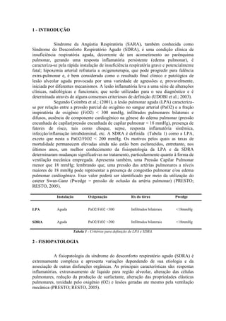 1 - INTRODUÇÃO
Síndrome da Angústia Respiratória (SARA), também conhecida como
Síndrome do Desconforto Respiratório Agudo (SDRA), é uma condição clínica de
insuficiência respiratória aguda, decorrente de um acometimento ao parênquima
pulmonar, gerando uma resposta inflamatória persistente (edema pulmonar), é
caracteriza-se pela rápida instalação de insuficiência respiratória grave e potencialmente
fatal; hipoxemia arterial refrataria a oxigenoterapia, que pode progredir para falência
extra-pulmonar e, é bem considerada como o resultado final clinico e patológica de
lesão alveolar aguda provocada por uma variedade de agressões e, provavelmente,
iniciada por diferentes mecanismos. A lesão inflamatória leva a uma série de alterações
clínicas, radiológicas e funcionais; que serão utilizadas para o seu diagnóstico e é
determinada através de alguns consensos criteriosos de definição (UDOBI et al.; 2003).
Segundo Coimbra et al.; (2001), a lesão pulmonar aguda (LPA) caracteriza-
se por relação entre a pressão parcial de oxigênio no sangue arterial (PaO2) e a fração
inspiratória de oxigênio (FiO2) < 300 mmHg, infiltrados pulmonares bilaterais e
difusos, ausência de componente cardiogênico na gênese do edema pulmonar (pressão
encunhada de capilar(pressão encunhada de capilar pulmonar < 18 mmHg), presença de
fatores de risco, tais como choque, sepse, resposta inflamatória sistêmica,
infecção/inflamação intrabdominal, etc. A SDRA é definida (Tabela 1) como a LPA,
exceto que nesta a PaO2/FIO2 < 200 mmHg. Os motivos pelos quais as taxas de
mortalidade permanecem elevadas ainda não estão bem esclarecidos, entretanto, nos
últimos anos, um melhor conhecimento da fisiopatologia da LPA e da SDRA
determinaram mudanças significativas no tratamento, particularmente quanto à forma de
ventilação mecânica empregada. Apresenta também, uma Pressão Capilar Pulmonar
menor que 18 mmHg; lembrando que, uma pressão das artérias pulmonares a níveis
maiores de 18 mmHg pode representar a presença de congestão pulmonar e/ou edema
pulmonar cardiogênico. Esse valor poderá ser identificado por meio da utilização do
cateter Swan-Ganz (Pwedge = pressão de oclusão da artéria pulmonar) (PRESTO;
RESTO, 2005).
Instalação Oxigenação Rx do tórax Pwedge
LPA Aguda PaO2/FiO2 <300 Infiltrados bilaterais <18mmHg
SDRA Aguda PaO2/FiO2 >200 Infiltrados bilaterais <18mmHg
Tabela 1 - Critérios para definição de LPA e SDRA.
2 - FISIOPATOLOGIA
A fisiopatologia da síndrome do desconforto respiratório agudo (SDRA) é
extremamente complexa e apresenta variações dependendo de sua etiologia e da
associação de outras disfunções orgânicas. As principais características são: respostas
inflamatórias, extravasamento de liquido para região alveolar, alteração das células
pulmonares, redução da produção de surfactante, alteração das propriedades elásticas
pulmonares, toxidade pelo oxigênio (O2) e lesões geradas ate mesmo pela ventilação
mecânica (PRESTO; RESTO, 2005).
 