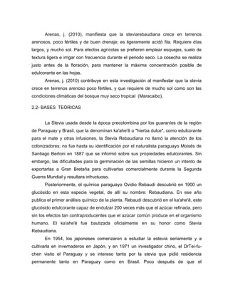Arenas, j. (2010), manifiesta que la steviarebaudiana crece en terrenos
arenosos, poco fértiles y de buen drenaje; es ligeramente acidó fila. Requiere días
largos, y mucho sol. Para efectos agrícolas se prefieren emplear esquejes, suelo de
textura ligera e irrigar con frecuencia durante el periodo seco. La cosecha se realiza
justo antes de la floración, para mantener la máxima concentración posible de
edulcorante en las hojas.
Arenas, j. (2010) contribuye en esta investigación al manifestar que la stevia
crece en terrenos arenoso poco fértiles, y que requiere de mucho sol como son las
condiciones climáticas del bosque muy seco tropical (Maracaibo).
2.2- BASES TEÓRICAS
La Stevia usada desde la época precolombina por los guaraníes de la región
de Paraguay y Brasil, que la denominan ka'ahe'ẽ o "hierba dulce", como edulcorante
para el mate y otras infusiones, la Stevia Rebaudiana no llamó la atención de los
colonizadores; no fue hasta su identificación por el naturalista paraguayo Moisés de
Santiago Bertoni en 1887 que se informó sobre sus propiedades edulcorantes. Sin
embargo, las dificultades para la germinación de las semillas hicieron un intento de
exportarlas a Gran Bretaña para cultivarlas comercialmente durante la Segunda
Guerra Mundial y resultara infructuoso.
Posteriormente, el químico paraguayo Ovidio Rebaudi descubrió en 1900 un
glucósido en esta especie vegetal, de allí su nombre: Rebaudiana. En ese año
publica el primer análisis químico de la planta. Rebaudi descubrió en el ka'ahe'ẽ, este
glucósido edulcorante capaz de endulzar 200 veces más que el azúcar refinada, pero
sin los efectos tan contraproducentes que el azúcar común produce en el organismo
humano. El ka'ahe'ê fue bautizada oficialmente en su honor como Stevia
Rebaudiana.
En 1954, los japoneses comenzaron a estudiar la estevia seriamente y a
cultivarla en invernaderos en Japón, y en 1971 un investigador chino, el DrTei-fu-
chen visito el Paraguay y se intereso tanto por la stevia que pidió residencia
permanente tanto en Paraguay como en Brasil. Poco después de que el
 