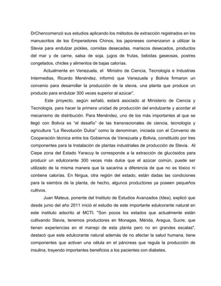 DrChencomenzó sus estudios aplicando los métodos de extracción registrados en los
manuscritos de los Emperadores Chinos, los japoneses comenzaron a utilizar la
Stevia para endulzar pickles, comidas desecadas, mariscos desecados, productos
del mar y de carne, salsa de soja, jugos de frutas, bebidas gaseosas, postres
congelados, chicles y alimentos de bajas calorías.
Actualmente en Venezuela, el Ministro de Ciencia, Tecnología e Industrias
Intermedias, Ricardo Menéndez, informó que Venezuela y Bolivia firmaron un
convenio para desarrollar la producción de la stevia, una planta que produce un
producto para endulzar 300 veces superior al azúcar”.
Este proyecto, según señaló, estará asociado al Ministerio de Ciencia y
Tecnología, para hacer la primera unidad de producción del endulzante y acordar el
mecanismo de distribución. Para Menéndez, uno de los más importantes al que se
llegó con Bolivia es “el desafío” de las transnacionales de ciencia, tecnología y
agricultura “La Revolución Dulce” como la denominan, iniciada con el Convenio de
Cooperación técnica entre los Gobiernos de Venezuela y Bolivia, constituido por tres
componentes para la Instalación de plantas industriales de producción de Stevia. Al
Ciepe zona del Estado Yaracuy le corresponde a la extracción de glucósidos para
producir un edulcorante 300 veces más dulce que el azúcar común, puede ser
utilizado de la misma manera que la sacarina a diferencia de que no es tóxico ni
contiene calorías. En Nirgua, otra región del estado, están dadas las condiciones
para la siembra de la planta, de hecho, algunos productores ya poseen pequeños
cultivos.
Juan Mateus, ponente del Instituto de Estudios Avanzados (Idea), explicó que
desde junio del año 2011 inició el estudio de este importante edulcorante natural en
este instituto adscrito al MCTI. "Son pocos los estados que actualmente están
cultivando Stevia, tenemos productores en Monagas, Mérida, Aragua, Sucre, que
tienen experiencias en el manejo de esta planta pero no en grandes escalas",
destacó que este edulcorante natural además de no afectar la salud humana, tiene
componentes que activan una célula en el páncreas que regula la producción de
insulina, trayendo importantes beneficios a los pacientes con diabetes.
 