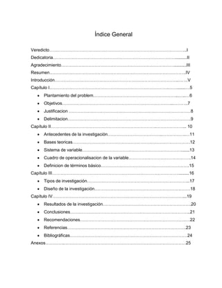 Índice General
Veredicto…………………………………………………………………………………..I
Dedicatoria…………………………………………………………………………..........II
Agradecimiento……………………………………………………………………..........III
Resumen………………………………………………………………………………….IV
Introducción………………………………………………………………………….…….V
Capítulo I……………………………………………………………………….…….......…5
Plantamiento del problem…………………………………………………..…..…6
Objetivos…………………………………………………………………..……….7
Justificacion …………………………………………………………………………8
Delimitacion………………………………………………………………………….9
Capítulo II……………………………………………………………….………………... 10
Antecedentes de la investigación………………………………..…………….…11
Bases teoricas………………………………………………………………………12
Sistema de variable……………………………………………………………......13
Cuadro de operacionalisacion de la variable…………………………………….14
Definicion de términos básico…………………………………………………….15
Capítulo III…………………………………………………………………………….........16
Tipos de investigación……………………………………………………………..17
Diseño de la investigación…………………………………………………………18
Capítulo IV………………………………………………………………………………...19
Resultados de la investigación…………………………………………………….20
Conclusiones………………………………………………………………………..21
Recomendaciones……………………………………………………………….…22
Referencias……………………………………………………………………….23
Bibliográficas………………………………………………………………………24
Anexos………….…………………………………………………………………………25
 