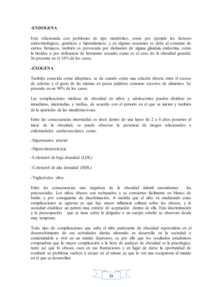 15
-ENDOGENA
Está relacionada con problemas de tipo metabólico, como por ejemplo los factores
endocrinológicos, genéticos e hipotalámicos, y en algunas ocasiones se debe al consumo de
ciertos fármacos, también es provocada por disfunción de alguna glándula endocrina, como
la tiroides o por deficiencia de hormonas sexuales como es el caso de la obesidad gonadal.
Se presenta en el 10% de los casos.
-EXOGENA
También conocida como idiopática, se da cuando existe una relación directa entre el exceso
de calorías y el gasto de las mismas en pocas palabras consumo excesivo de alimentos. Se
presenta en un 90% de los casos.
Las complicaciones médicas de obesidad en niños y adolescentes pueden dividirse en
inmediatas, intermedias y tardías, de acuerdo con el periodo en el que se inician y también
de la aparición de las manifestaciones.
Entre las consecuencias intermedias es decir dentro de una lapso de 2 a 4 años posterior al
inicio de la obesidad, se puede observar la presencia de riesgos relacionados a
enfermedades cardiovasculares como:
-Hipertensión arterial
-Hipercolesterolemia
-Colesterol de baja densidad (LDL)
-Colesterol de alta densidad (HDL)
-Triglicéridos altos.
Entre las consecuencias más negativas de la obesidad infantil encontramos las
psicosociales. Los niños obesos son rechazados y se convierten fácilmente en blanco de
burlas y por consiguiente de discriminación. A medida que el niño va madurando estas
complicaciones se agravan ya que hay mayor influencia cultural sobre los obesos, y la
sociedad establece un patrón muy estricto de aceptación dentro de ella. Esta discriminación
y la preocupación que se tiene sobre la delgadez o un cuerpo esbelto se observan desde
muy temprano.
Todo tipo de complicaciones que sufra el niño padeciente de obesidad repercutirán en el
desenvolvimiento de sus actividades diarias alterando su desarrollo en la sociedad y
condenándole a vivir en un mundo depresivo, es por ello que los resultados estadísticos
comprueban que la mayor complicación a la hora de padecer de obesidad es la psicológica,
tanto así que lo obesos caen en sus frustraciones y en lugar de darse la oportunidad de
combatir su problema vuelven a recaer en el mismo ya que lo ven una escapatoria al mundo
en el que se desarrollan.
 