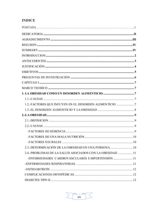 VII
INDICE
PORTADA…………………………………………………………………………………...I
DEDICATORIA ....................................................................................................................II
AGRADECIMIENTO ..........................................................................................................III
RESUMEN ...........................................................................................................................IV
SUMMARY..........................................................................................................................IV
INTRODUCCION..................................................................................................................2
ANTECEDENTES .................................................................................................................3
JUSTIFICACIÓN ...................................................................................................................4
OBJETIVOS...........................................................................................................................5
PREGUNTAS DE INVESTIGACION ..................................................................................6
CAPITULO I ..........................................................................................................................7
MARCO TEORICO ...............................................................................................................7
1. LA OBESIDAD COMO UN DESORDEN ALIMENTICIO........................................7
1.1.-CAUSAS .....................................................................................................................7
1.2.-FACTORES QUE INFUYEN EN EL DESORDEN ALIMENTICIO .......................7
1.3.-EL DESORDEN ALIMENTICIO Y LA OBESIDAD ...............................................8
2.-LA OBESIDAD.................................................................................................................9
2.1.-DEFINICION ..............................................................................................................9
2.2.-CAUSAS .....................................................................................................................9
-FACTORES DE HERENCIA........................................................................................9
-FACTORES DE UNA MALA NUTRICIÓN..............................................................10
-FACTORES NEURALES ...........................................................................................10
2.3.-DETERMINACIÓN DE LA OBESIDAD EN UNA PERSONA.............................10
2.4.-PROBLEMAS DE LA SALUD ASOCIADOS CON LA OBESIDAD ...................11
-ENFERMEDADES CARDIOVASCULARES E HIPERTENSIÓN .........................11
-ENFERMEDADES RESPIRATORIAS .........................................................................11
-OSTEOARTRITIS ..........................................................................................................12
COMPLICACIONES ORTOPÉDICAS ...........................................................................12
DIABETES TIPO II..........................................................................................................12
 
