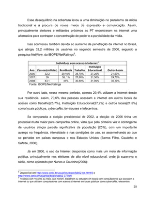 25
Esse desequilíbrio na cobertura levou a uma diminuição no pluralismo da mídia
tradicional e a procura de novos meios de expressão e comunicação. Assim,
principalmente eleitores e militantes próximos ao PT encontraram na internet uma
alternativa para contrapor a concentração de poder e a parcialidade da mídia.
Isso aconteceu também devido ao aumento da penetração da internet no Brasil,
que atingiu 32,2 milhões de usuários no segundo semestre de 2006, segundo a
pesquisa NetView, da IBOPE/NetRatings6
.
Indivíduos com acesso à Internet7
Ano Pessoas(milhões) Residência Trabalho
Instituição
Educacional Outros Locais
2006 32,2 29,40% 25,70% 27,20% 21,50%
2007 39 38, 1% 27,80% 31,50% 29,70%
2008 43,1 45% 30,80% 31,90% 35,10%
Fonte: IBOPE/NetRatings
Por outro lado, nesse mesmo período, apenas 29,4% utilizam a internet desde
sua residência, assim, 70,6% das pessoas acessam a internet em outros locais de
acesso como trabalho(25,7%), Instituição Educacional(27,2%) e outros locais(21,5%)
como locais públicos, cybercafés, lan houses e telecentros.
Se comparada a eleição presidencial de 2002, a eleição de 2006 tinha um
potencial muito maior para campanha online, visto que pela primeira vez o contingente
de usuários atingia parcela significativa da população (25%), com um importante
avanço na frequência, intensidade e nas condições de uso, se assemelhando ao que
se percebe em países europeus e nos Estados Unidos (Barros Filho, Coutinho e
Safatle, 2006).
Já em 2006, o uso da Internet despontou como mais um meio de informação
política, principalmente nos eleitores de alto nível educacional, onde já superava o
rádio, como apontado por Nunes e Coutinho(2006):
6
Disponível em http://www.cetic.br/usuarios/ibope/tab02-tot.htm#3 e
http://www.cetic.br/usuarios/ibope/tab02-07.htm
7
Pessoas com 16 anos ou mais, que moram, trabalham ou estudam em locais com computadores que acessam a
Internet ou que utilizam computadores com acesso à Internet em locais públicos como cybercafés, telecentros
 