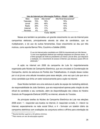 26
Uso da Internet pra Informação Política – Brasil – 2006
Meio Geral Alta renda8
Alto Nível Educacional9
Televisão 76% 78% 78%
Jornal 29% 46% 44%
Radio 28% 17% 15%
Internet 6% 17% 25%
Revistas 4% 10% 9%
Fonte: IBOPE
Nesse ano também se percebeu um grande crescimento no uso da Internet para
campanhas eleitorais, principalmente através de sites de candidatos, que se
multiplicaram, e do uso de outras ferramentas. Esse crescimento se deu por três
motivos, como aponta Barros Filho, Coutinho e Safatle (2006):
O uso da Internet pelos candidatos em 2006 foi impulsionado por três fatores:
1) uma nova legislação eleitoral que restringiu despesas em diversas áreas; 2)
a forte oposição da mídia ao presidente Luiz Inácio Lula da Silva, que disputava
a reeleição; 3) o crescimento do acesso à Internet, que alcançou quase 25% do
eleitorado.”
A ação na internet em 2006 da campanha de Lula foi majoritariamente
organizada pelo Núcleo de Campanha Eletrônica, que era vinculado à Coordenação de
Campanha, dentro da estrutura do Partido dos Trabalhadores. A criação desse núcleo
por si só já era uma atitude inovadora para essa eleição, uma vez que Lula que era o
único candidato que tinha um setor exclusivamente para a ação na internet.
Esse Núcleo também era uma estrutura à parte da equipe de marketing eleitoral,
de responsabilidade de João Santana, que era responsável apenas pela criação do site
oficial do candidato e seu conteúdo, além da disponibilização dos vídeos do Horário
Gratuito de Propaganda Eleitoral (HGPE) na internet, através do Youtube.
As principais tarefas do Núcleo de Campanha Eletrônica de Lula nas eleições
2006 eram: 1 - responder aos boatos na internet, 2- responder e-mails, 3 - intervir na
Internet, especialmente na rede social Orkut, e 4 - formular um boletim diário da
campanha eletrônica com avaliações da conjuntura online e off-line para orientação da
8
Receita familiar superior a 10 salários mínimos
9
Pelo menos um ano de educação superior
 