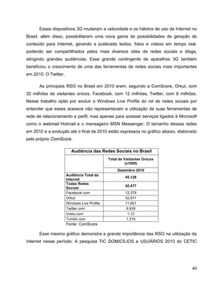 40
Esses dispositivos 3G mudaram a velocidade e os hábitos de uso da Internet no
Brasil, além disso, possibilitaram uma nova gama de possibilidades de geração de
conteúdo para Internet, gerando e publicado textos, fotos e vídeos em tempo real,
podendo ser compartilhados pelos mais diversos sites de redes sociais e blogs,
atingindo grandes audiências. Esse grande contingente de aparelhos 3G também
beneficiou o crescimento de uma das ferramentas de redes sociais mais importantes
em 2010: O Twitter.
As principais RSO no Brasil em 2010 eram, segundo a ComScore, Orkut, com
32 milhões de visitantes únicos, Facebook, com 12 milhões, Twitter, com 8 milhões.
Nesse trabalho optei por excluir o Windows Live Profile do rol de redes sociais por
entender que esses acessos não representavam a utilização de suas ferramentas de
rede de relacionamento e perfil, mas apenas para acessar serviços ligados à Microsoft
como o webmail Hotmail e o mensageiro MSN Messenger. O tamanho dessas redes
em 2010 e a evolução até o final de 2010 estão expressos no gráfico abaixo, elaborado
pelo próprio ComScore.
Audiência das Redes Sociais no Brasil
Total de Visitantes Únicos
(x1000)
Dezembro 2010
Audiência Total da
Internet
45,128
Todas Redes
Sociais
42,477
Facebook.com 12,379
Orkut 32,671
Windows Live Profile 11,801
Twitter.com 8,939
Vostu.com 1,12
Tumblr.com 1,319
Fonte: ComScore
Esse mesmo gráfico demonstra a grande importância das RSO na utilização da
Internet nesse período. A pesquisa TIC DOMICÍLIOS e USUÁRIOS 2010 do CETIC
 