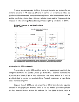 47
A quarta candidatura era a de Plínio de Arruda Sampaio, que também foi um
militante relevante do PT, mas que, diferente de Marina, não economizava críticas ao
governo durante as eleições, principalmente nas posturas mais conservadoras, como a
política econômica, reforma da previdência e a lenta reforma agrária. Veja evolução da
intenção de votos em um gráfico elaborado por Resende(2011), com dados do IBOPE
A criação do #Dilmanarede
A construção da equipe #DilmanaRede partiu dos resultados da experiência da
campanha de Obama nos Estados Unidos, que demonstrou o potencial dai Internet na
comunicação e mobilização de uma campanha. Lideranças petistas e o próprio
presidente Lula e a então pré-candidata Dilma Rousseff perceberam a importância
dessa frente de campanha.
Segundo Janovik (2010), na pré-campanha de Dilma foram tomadas algumas
atitudes de divulgação pela Internet, como: o Site do Partido, que nesse período
abordou sistematicamente o tema das eleições; um Site Oficial de Dilma, onde a
 