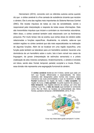 31
Hennemann (2012), concorda com os referidos autores acima quando
diz que o córtex cerebral é a fina camada de substância cinzenta que recobre
o cérebro. Ele é uma das regiões mais importantes do Sistema Nervoso Central
(SNC). Ele recebe impulsos de todas as vias da sensibilidade, sendo o
responsável pela interpretação e resposta de todas essas informações. Dele
são transmitidos impulsos que iniciam e controlam os movimentos voluntários.
Além disso, o córtex cerebral também está relacionado com os fenômenos
psíquicos. Por muito tempo não se aceitou que certas áreas do cérebro estão
relacionadas a funções específicas. Atualmente, no entanto, sabe-se que
existem regiões no córtex cerebral que são mais especializadas na realização
de algumas funções. Além de se localizar em uma região específica, uma
função pode também se lateralizar para um hemisfério cerebral, havendo uma
dominância de um hemisfério sobre o outro. Isto é bem visível nos casos da
linguagem, da gnose (interpretação de estímulos sensoriais) e a práxis
(realização de atos motores complexos). Anatomicamente, o cérebro é dividido
em lobos, sendo eles: frontal, temporal, parietal, occipital e a ínsula. Porém,
essa divisão não representa uma segregação funcional do cérebro:
O córtex cerebral divide-se em 5 lobos, sendo que cada um
tem sua função diferenciada e especializada. Os lobos
cerebrais são designados pelos nomes dos nossos ossos
cranianos nas suas proximidades e que os recobrem. O lobo
frontal localiza-se na região da testa; o lobo occipital, na
região da nuca; o lobo parietal, na parte superior da cabeça; o
lobo temporal, nas regiões laterais da cabeça, por cima das
orelhas e por fim, o lobo da ínsula (que também é conhecido
como ilha de Reil), se localiza na profundidade dos lobos
frontal, parietal e temporal. (HENNEMANN, 2012, P.12)
Fonte: http://www.islam-guide.com/pt/ch1-1-d.htm
 